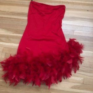 Size SM Red Sexy Strapless Asymmetrical Mini Dress with Feather Bottom